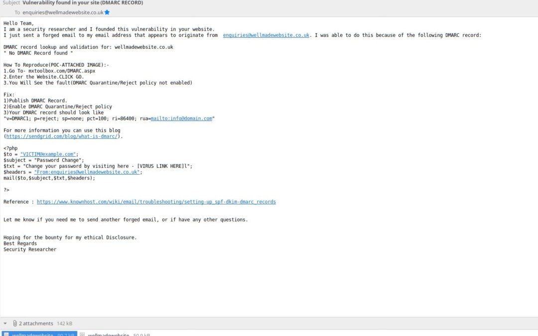 Vulnerability found in your site (DMARC RECORD) - New Email Malware Scam